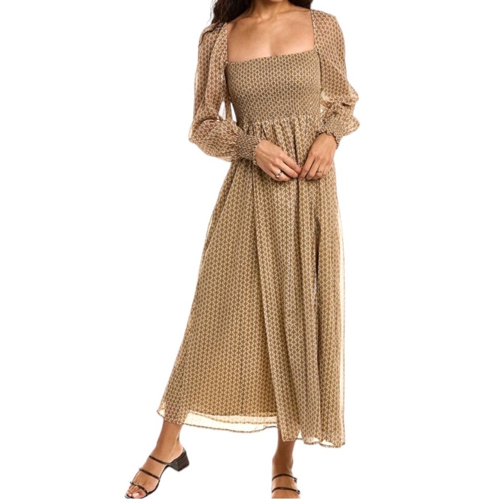 o.p.t Square Neck Smocked Patterned Maxi Dress Brown Gold Cream Size Medium - Picture 3 of 8
